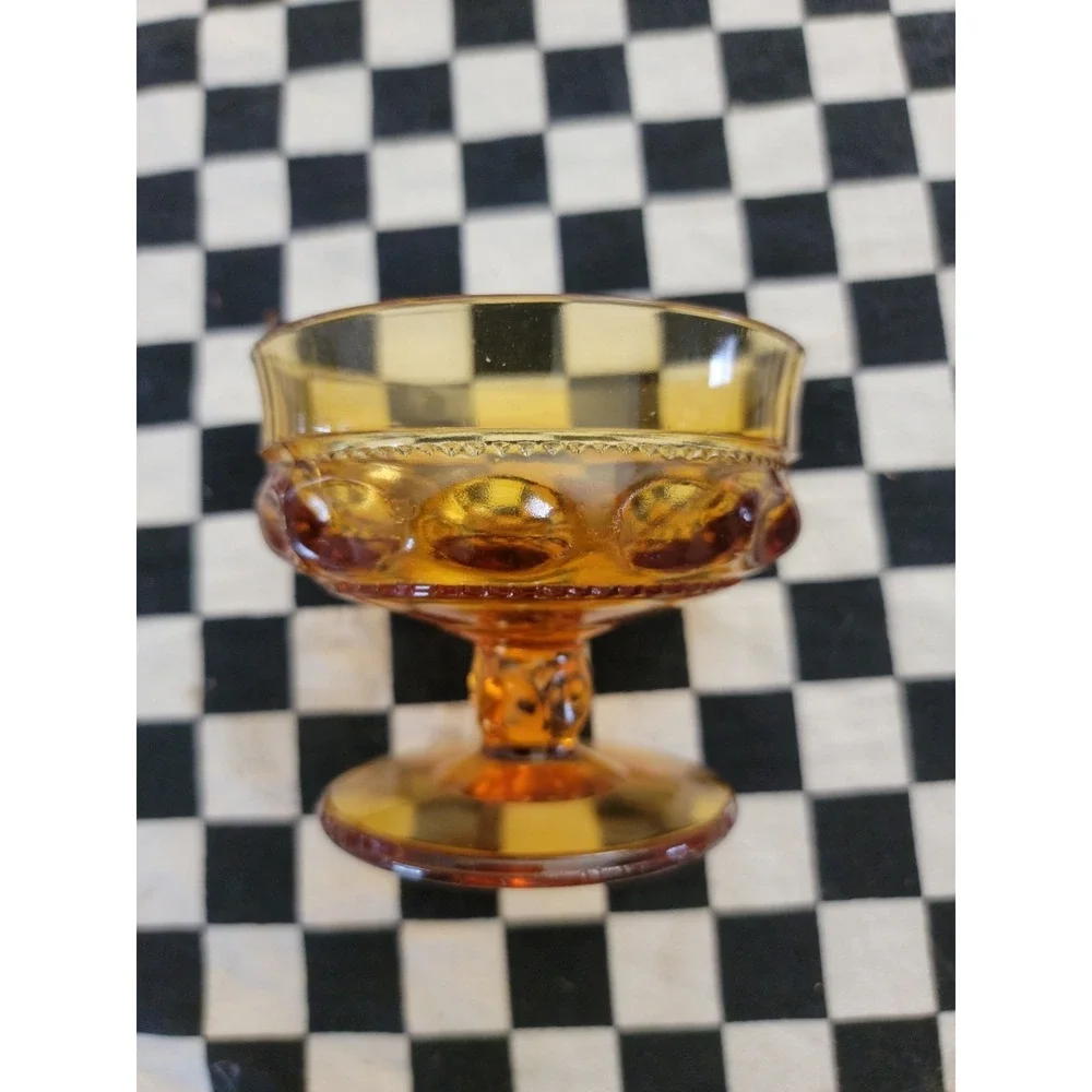 AMBER PRESSED GLASS COMPOTE‎ / SHERBET DISH – OPTIC BUBBLE – VINTAGE